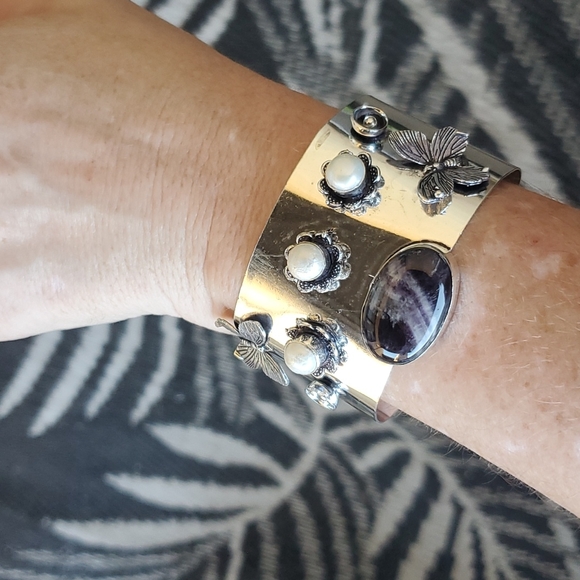 New Chevron Amethyst & Pearl 925 Silver Butterflies Adjustable Cuff Bracelet. - Picture 10 of 14